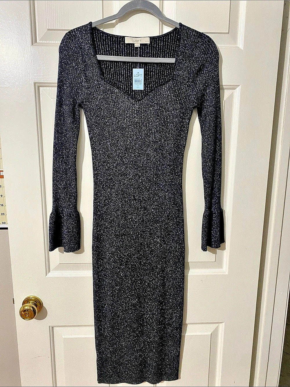 LOFT Ribbed Trumpet Sleeve Petite Metallic Midi Dress SP New with tags